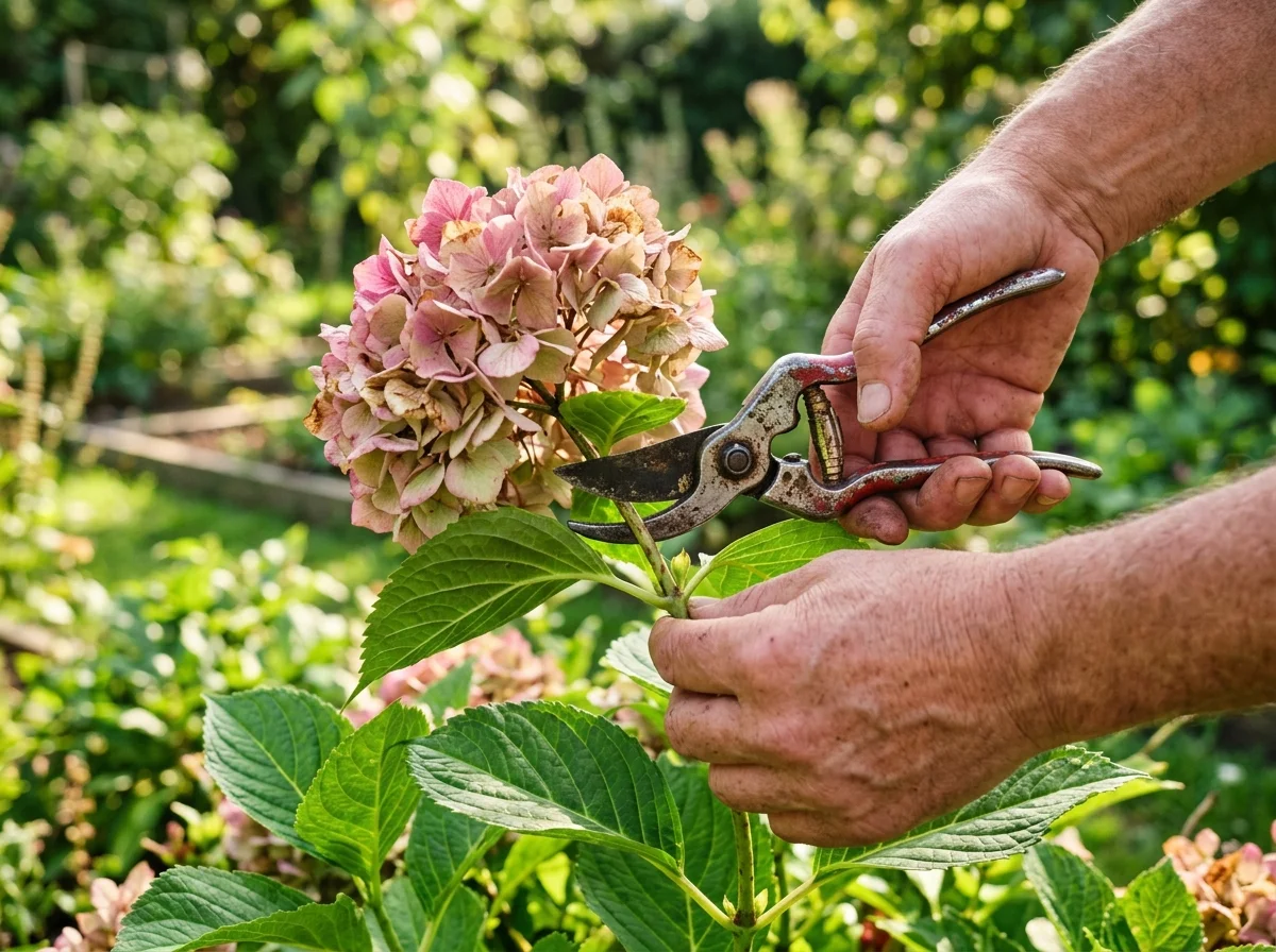 Deadheading a faded hydrangea bloom above healthy leaves
