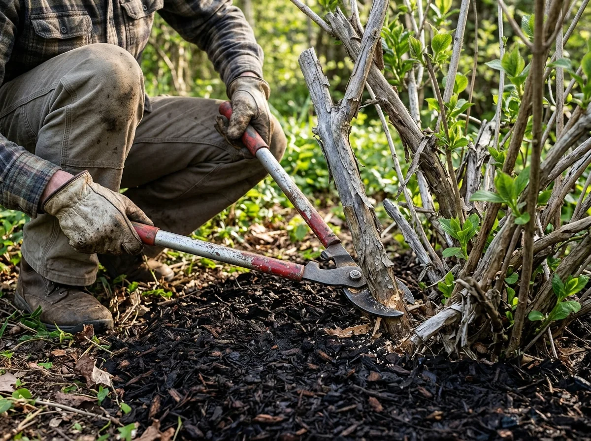 Rejuvenation pruning removing an old hydrangea stem at the base