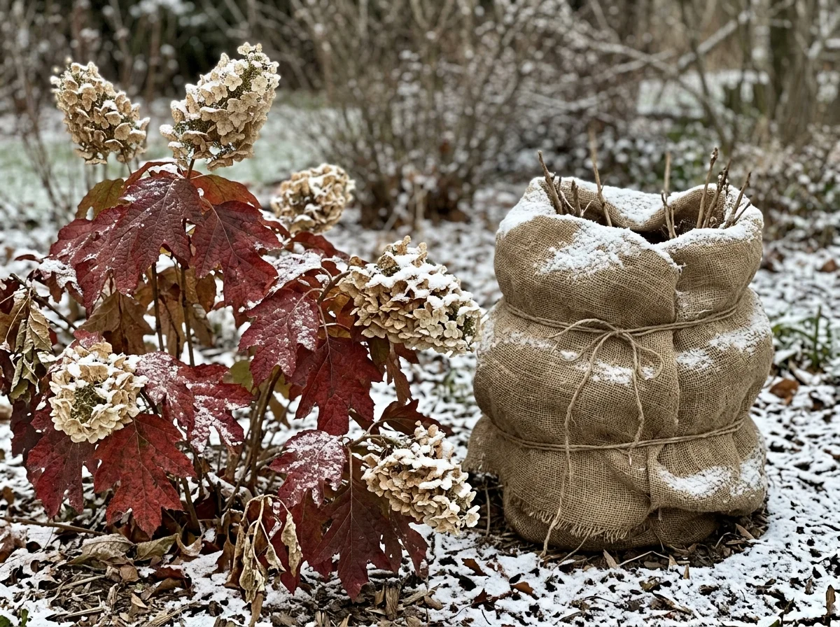 Oakleaf hydrangea and winter-protected hydrangea in cold season