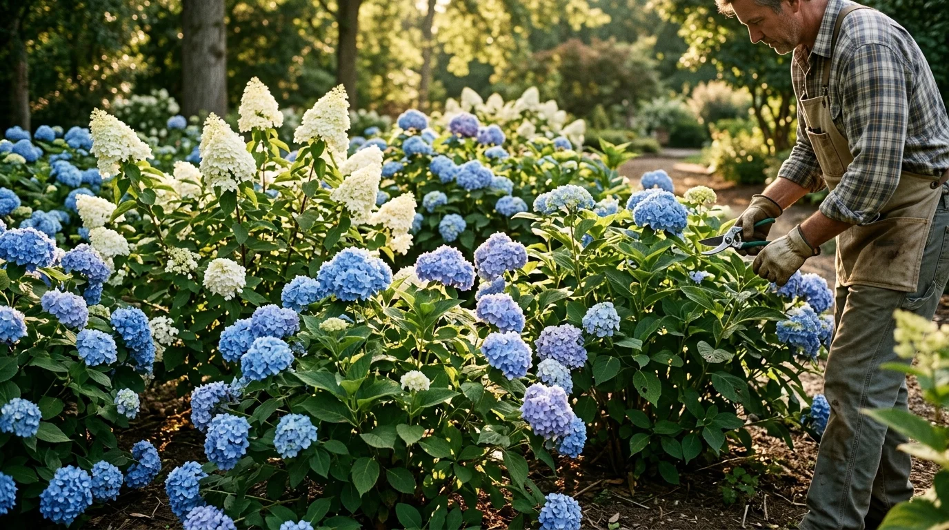 Blooming hydrangeas in a summer garden bed