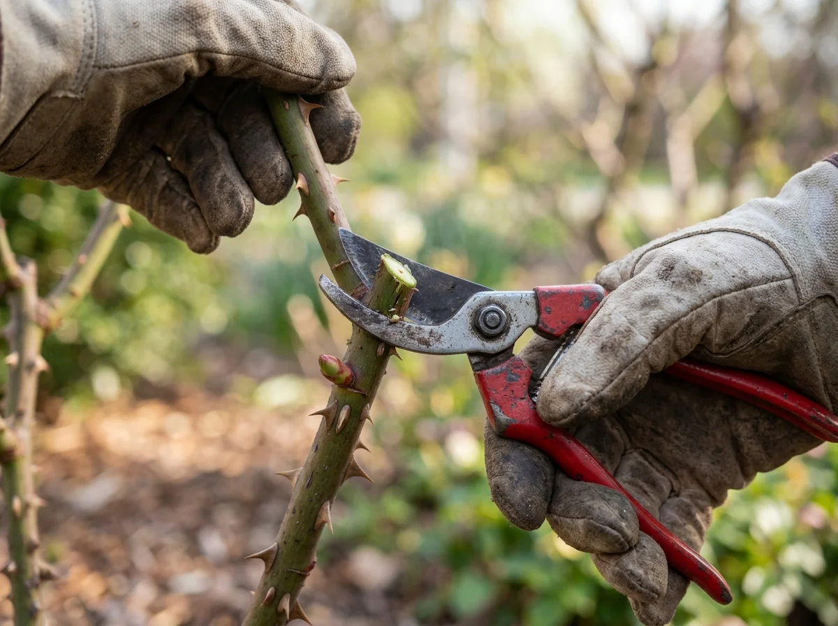 Making an angled cut above a bud on a rose cane