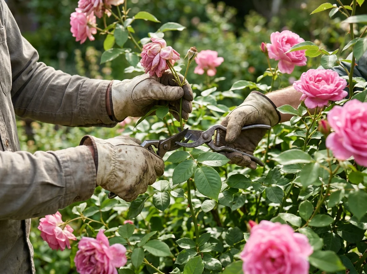 Deadheading spent roses to a five-leaflet leaf in summer