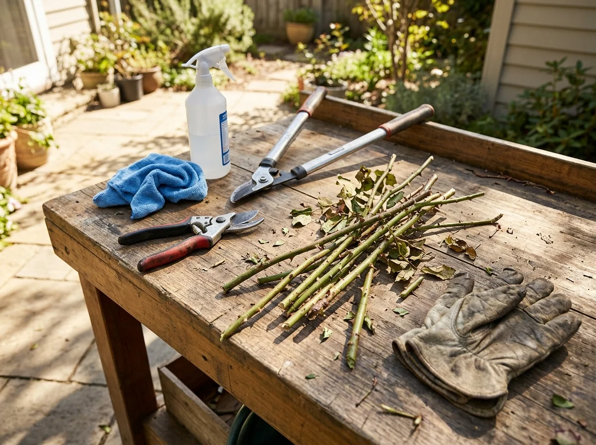 Clean pruners and alcohol for sanitizing rose tools