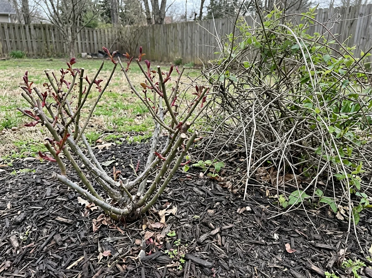 Open pruned rose bush beside overgrown unpruned bush