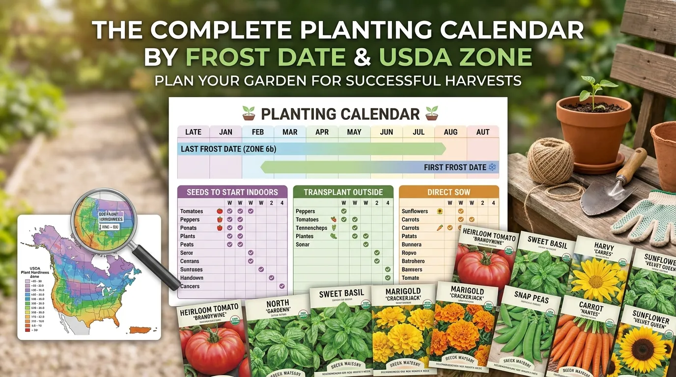 Hands holding seed packets with a planting calendar in a sunny greenhouse