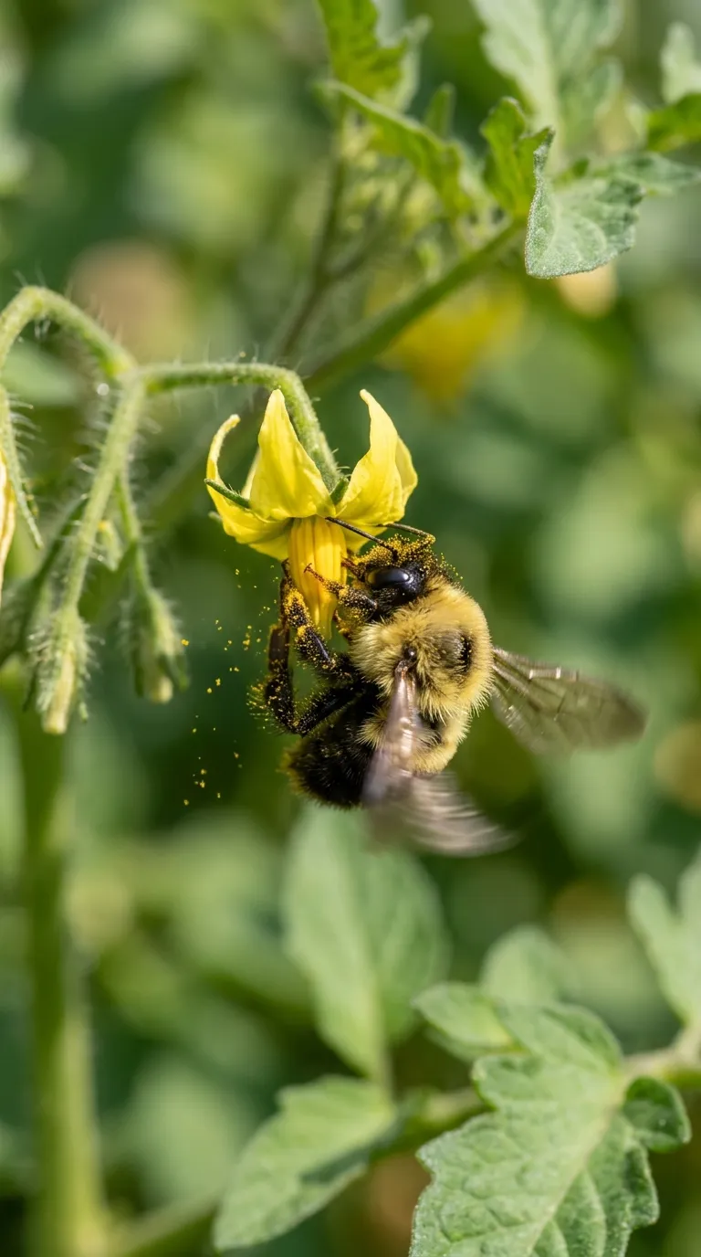 Close-up of tomato flower pollination showing pollen release