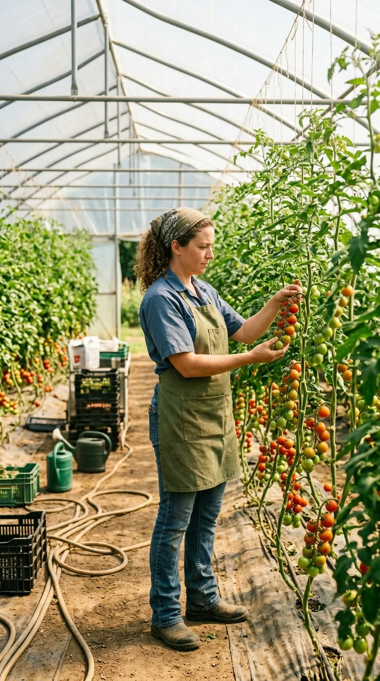 Gardener shaking tomato flower truss to improve pollination and fruit set