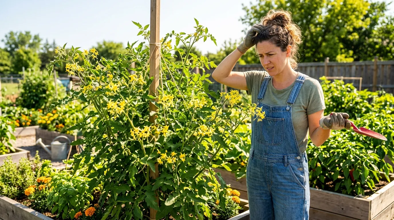 Tomato plant with healthy yellow flowers but no fruit forming on the truss